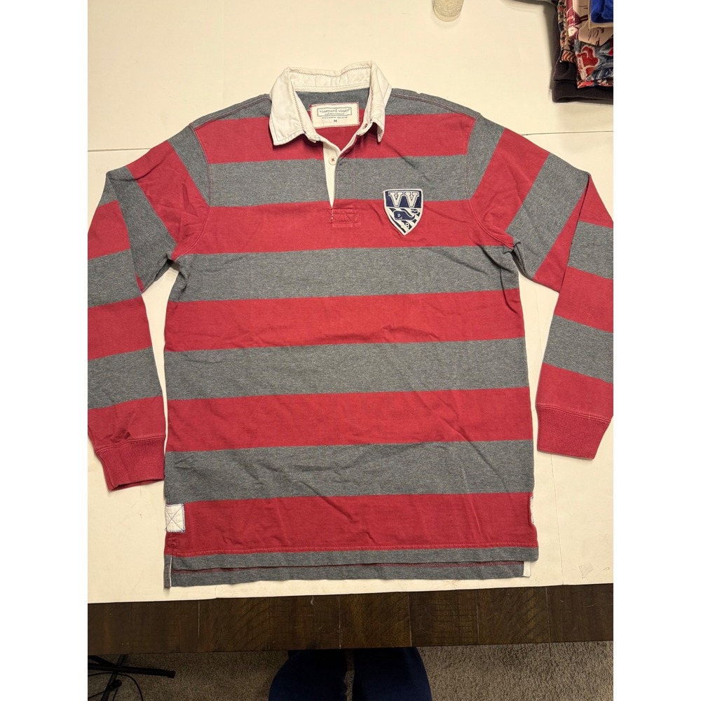 Vineyard Vines Mens Red Grey Striped Long Sleeve Rugby Shirt 98 Patch Size M